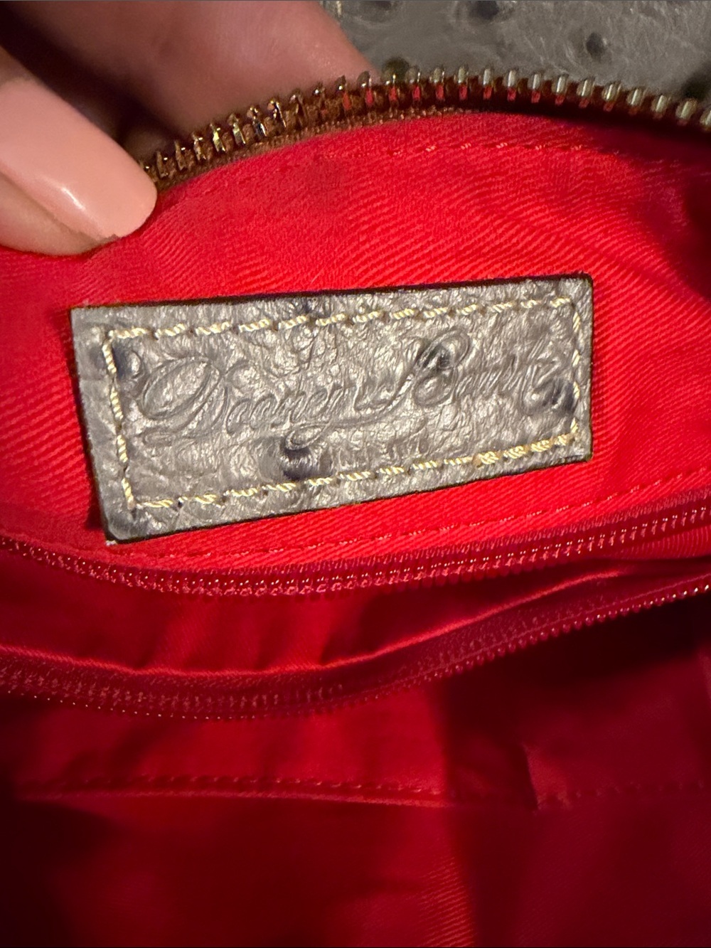 Dooney & Bourke Grey Ostrich embossed Shoulder Bag with Gold Hardware - Picture 4 of 10